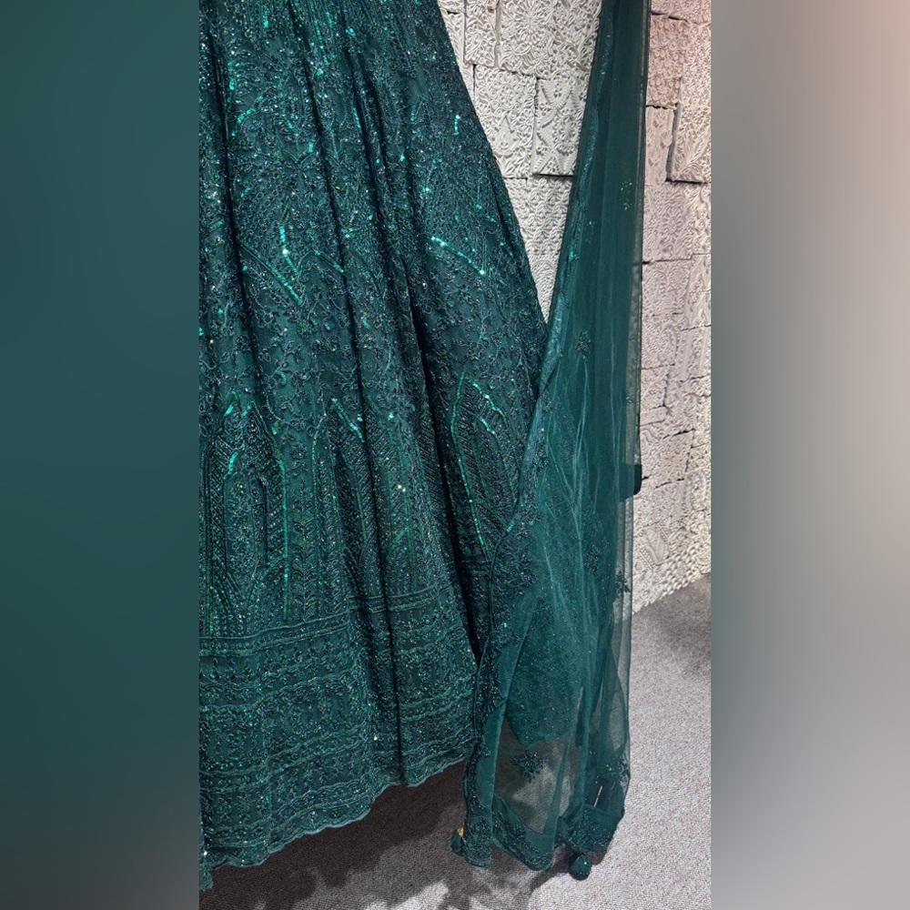 Emerald Green Sequin Lehenga Set - Picture 4 of 8